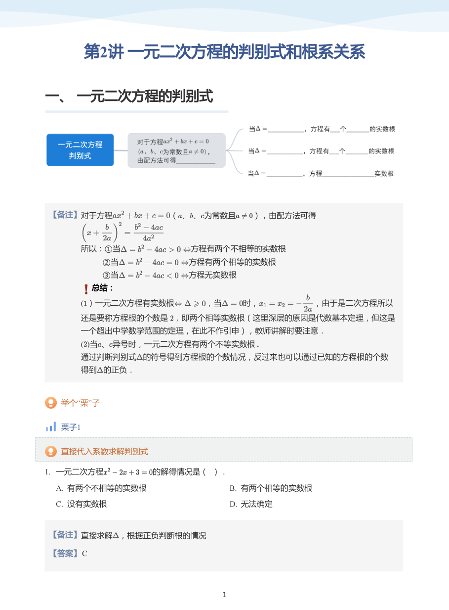 第2讲 一元二次方程的判别式和根系关系(教师版).pdf 第 1 页